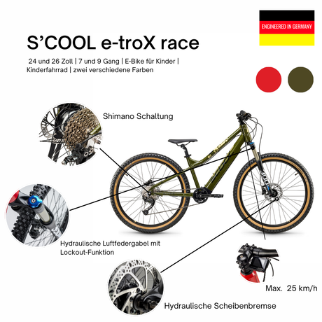 S'COOL Junior Bikes E-Kinderfahrrad |  e-troX race 26 Zoll  9-Gang Olive/Beige